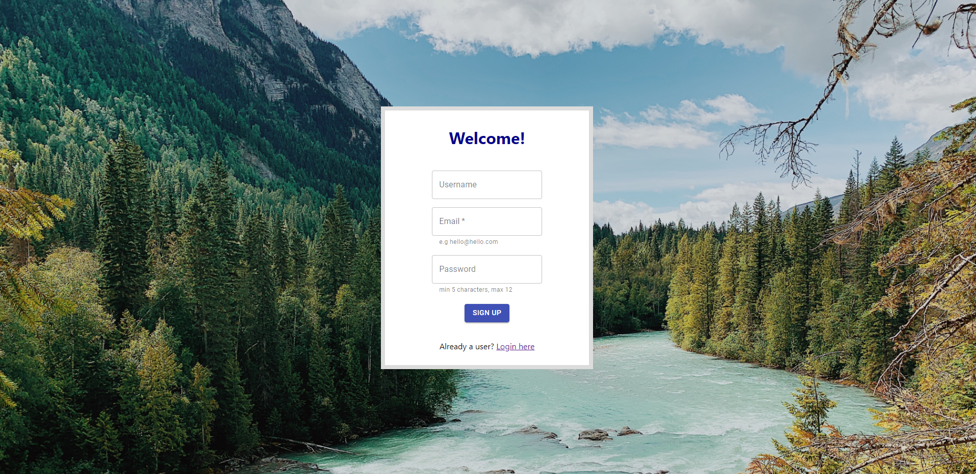 Image of a signup form with a spring and pinetreee forest in the background.